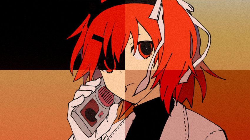 1girl, a.i._voice, adachi_rei, black_background, black_hairband, black_shirt, cassette_player, closed_mouth, collage, empty_eyes, expressionless, eyes_in_shadow, floating_hair, gloves, hair_ornament, hair_ribbon, hairband, hairclip, hand_up, highres, hiwomus, holding, jacket, listening, long_sleeves, looking_at_viewer, medium_hair, multicolored_background, multiple_views, netsu_ijou_(utau), one_side_up, open_clothes, open_jacket, orange_background, orange_eyes, portrait, ribbon, shirt, stitched, third-party_edit, turtleneck, utau, white_gloves, white_jacket, white_ribbon