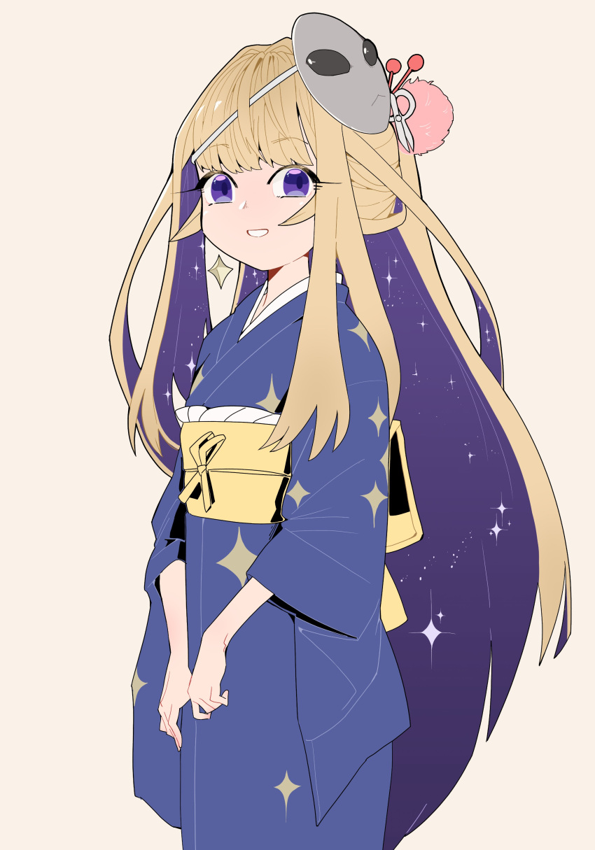 1girl, absurdres, amanogawa_shiina, blonde_hair, blue_kimono, blunt_bangs, colored_inner_hair, grey_mask