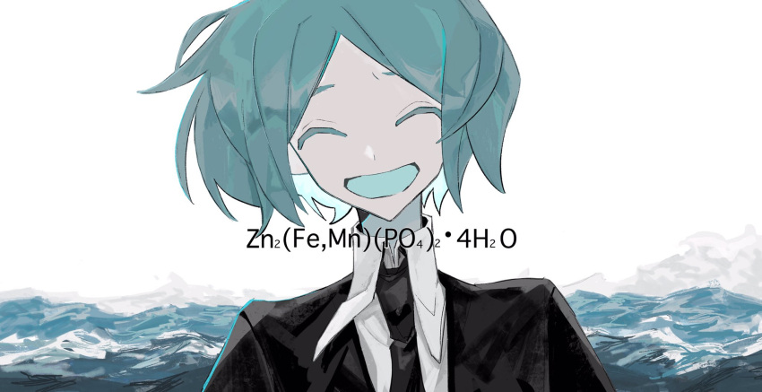 1other, androgynous, aqua_hair, aqua_mouth, black_jacket, black_necktie, bob_cut, chemical_formula, closed_eyes, collared_shirt, colored_eyelashes, commentary, facing_viewer, gem_uniform_(houseki_no_kuni), highres, houseki_no_kuni, jacket, necktie, o-three, open_mouth, parted_bangs, phosphophyllite, portrait, shirt, short_hair, smile, straight-on, water, waves, white_background, white_shirt