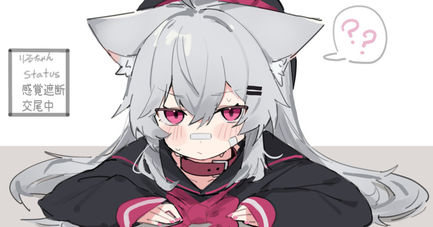 1girl, ?, ??, animal_collar, animal_ear_fluff, animal_ears, bandaid, bandaid_on_cheek, bandaid_on_face, bandaid_on_nose, beret, black_headwear, blush, closed_mouth, collar, fenrir_(fenriluuu), fox_ears, fox_girl, grey_hair, hair_between_eyes, hair_ornament, hairclip, hat, kankaku_shadan, long_hair, long_sleeves, neckerchief, original, pink_eyes, pink_nails, pink_neckerchief, pink_trim, red_collar, rir-chan, sidelocks, sketch, solo, spoken_question_mark, sweat, white_background