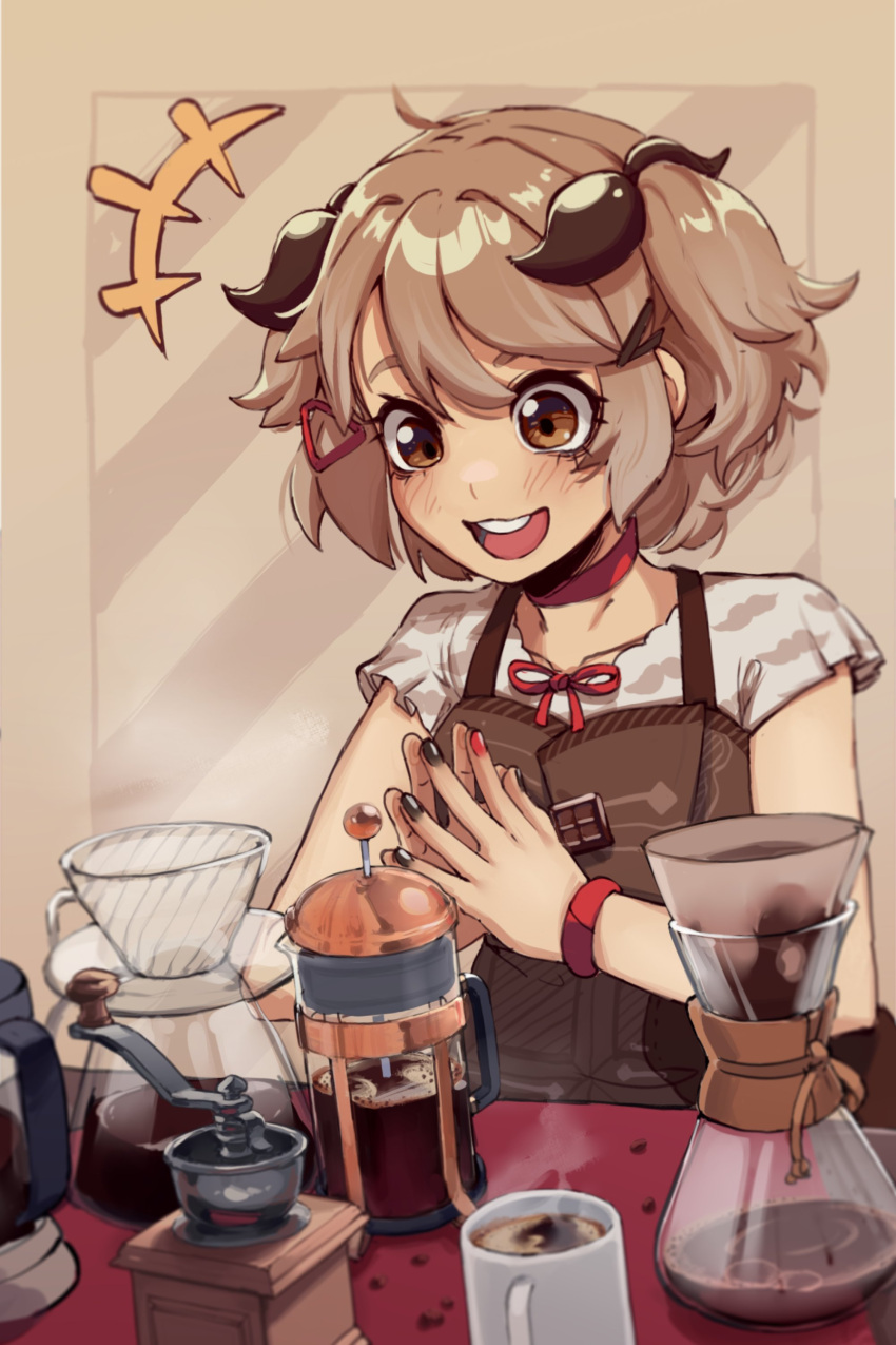 1girl, absurdres, ahoge, black_nails, blush, brown_background, brown_dress, brown_eyes