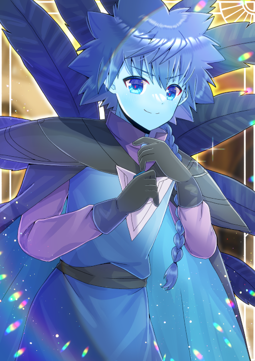 1boy, armor, black_cape, black_feathers, black_gloves, blue_cape, blue_eyes, blue_hair, blue_skin, blurry, blurry_background, braid, cape, closed_mouth, colored_skin, commentary_request, commission, depth_of_field, feathers, gloves, hair_between_eyes, hands_up, kou_hiyoyo, long_hair, long_sleeves, pauldrons, shoulder_armor, single_braid, skeb_commission, smile, solo, the_luge, two-tone_cape, very_long_hair, yu-gi-oh!, yu-gi-oh!_go_rush!!
