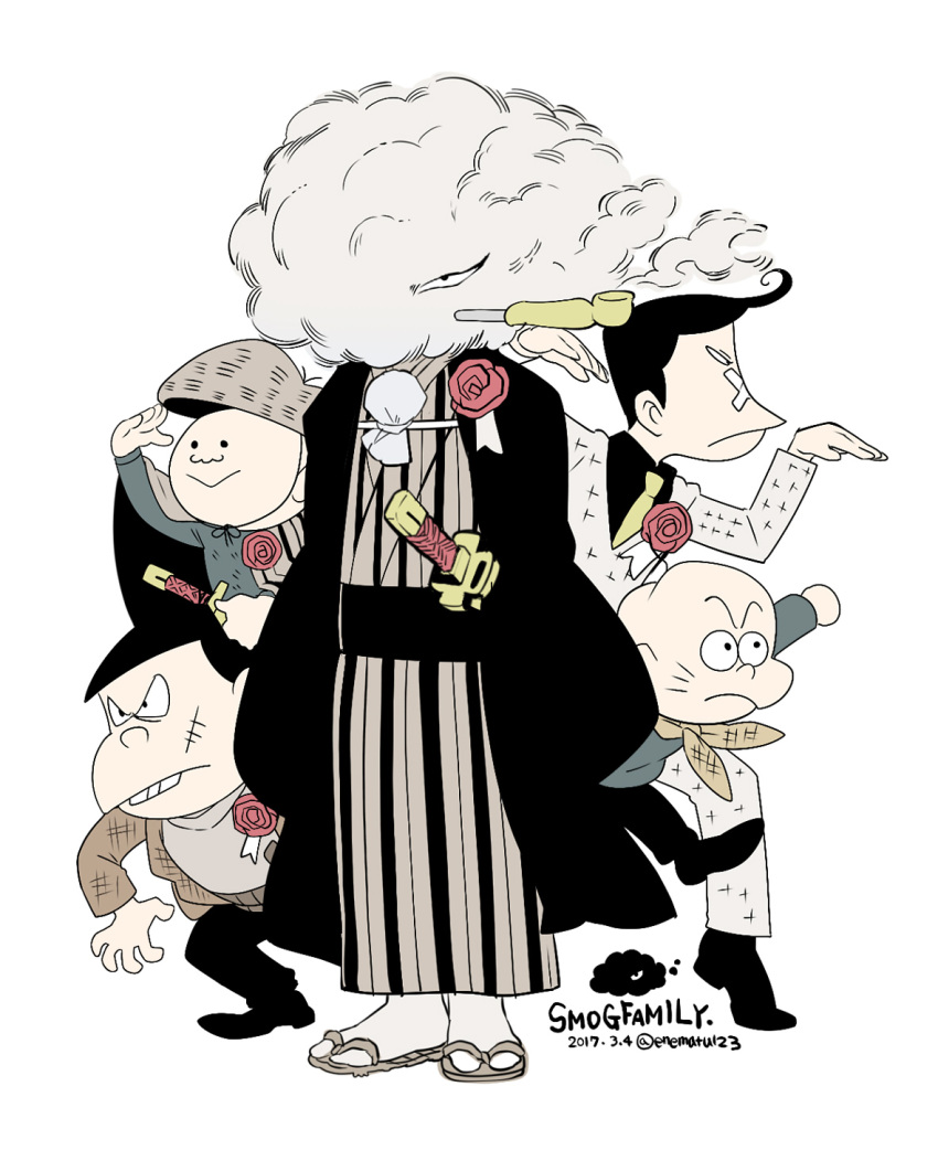 5boys, bald, bandage_on_face, bandages, bandana_around_neck, chibita, covered_face, english_text