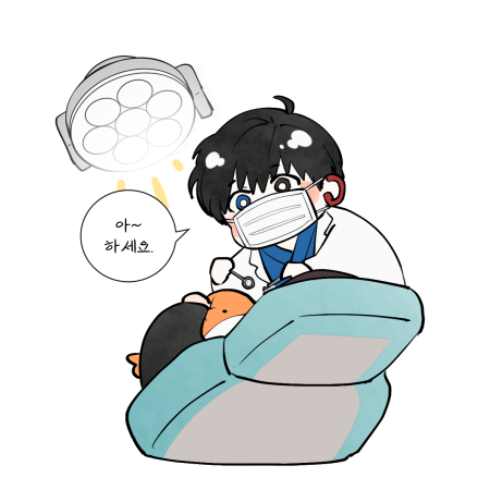 1boy, black_eyes, black_hair, blue_eyes, commentary_request, dental_chair, dentist, eoduun_badaui_deungbul-i_doeeo