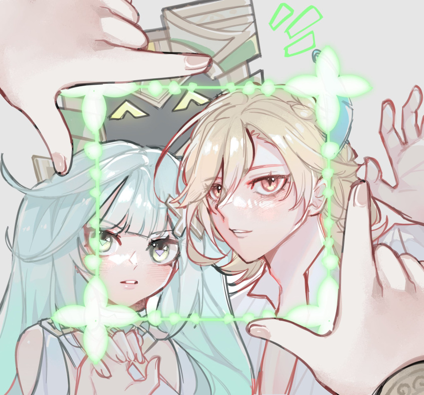 1boy, 2girls, blonde_hair, blue_hair, blush, brown_eyes, collared_shirt, dress