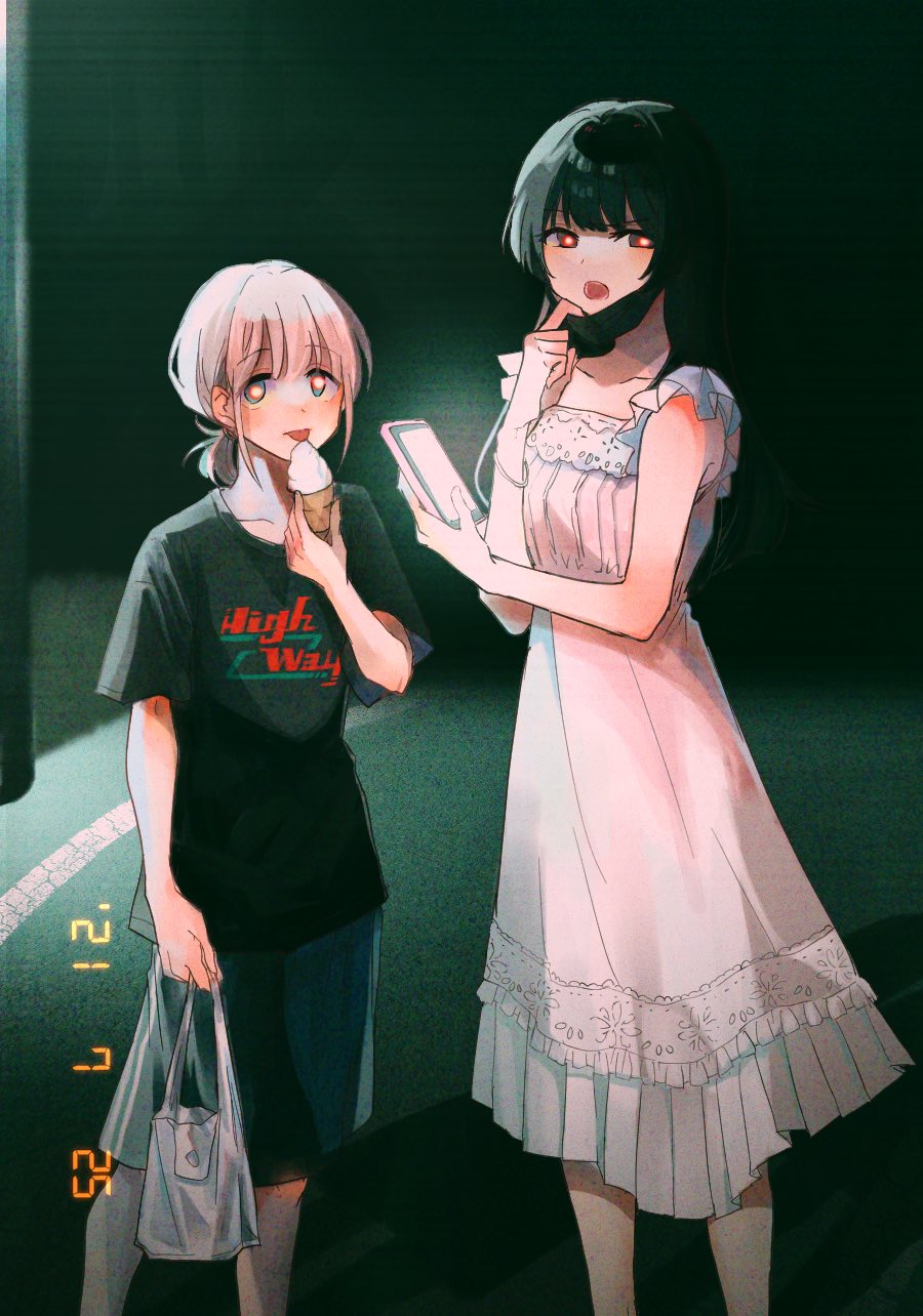 2girls, bag, black_hair, black_mask, black_shirt, blue_shorts, blush, bright_pupils