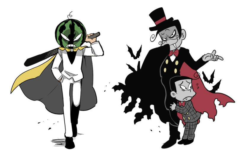 baseball_bat, bat_(animal), black_cape, bow, bowtie, cape, child, colored_skin