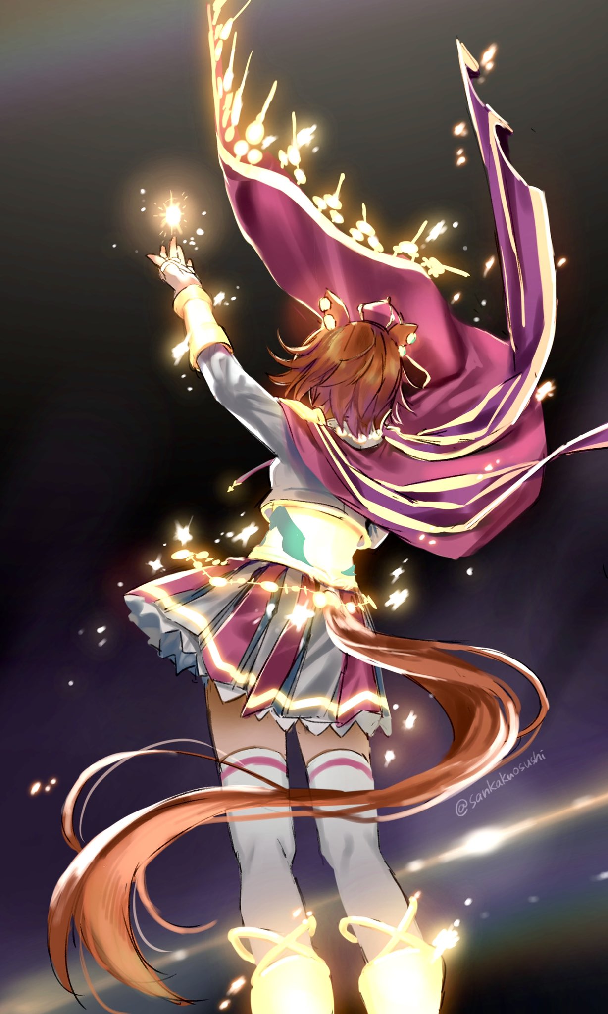 1girl, animal_ears, arm_up, boots, cape, corset, crown, feet_out_of_frame