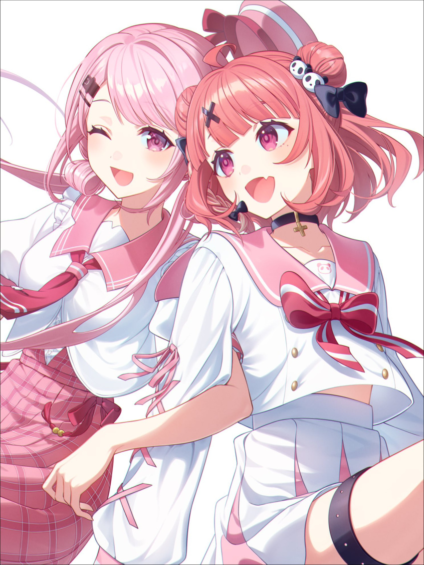 2girls, ahoge, black_choker, bow, bowtie, choker, double_bun, hair_bun, highres, long_hair, long_sleeves, multiple_girls, necktie, nijisanji, one_eye_closed, pink_bow, pink_bowtie, pink_eyes, pink_hair, pink_necktie, pink_sailor_collar, pleated_skirt, sailor_collar, sasaki_saku, sasaki_saku_(6th_costume), school_uniform, serafuku, shiina_yuika, shiina_yuika_(7th_costume), short_hair, short_sleeves, skirt, thigh_strap, white_skirt, yamedaolol828