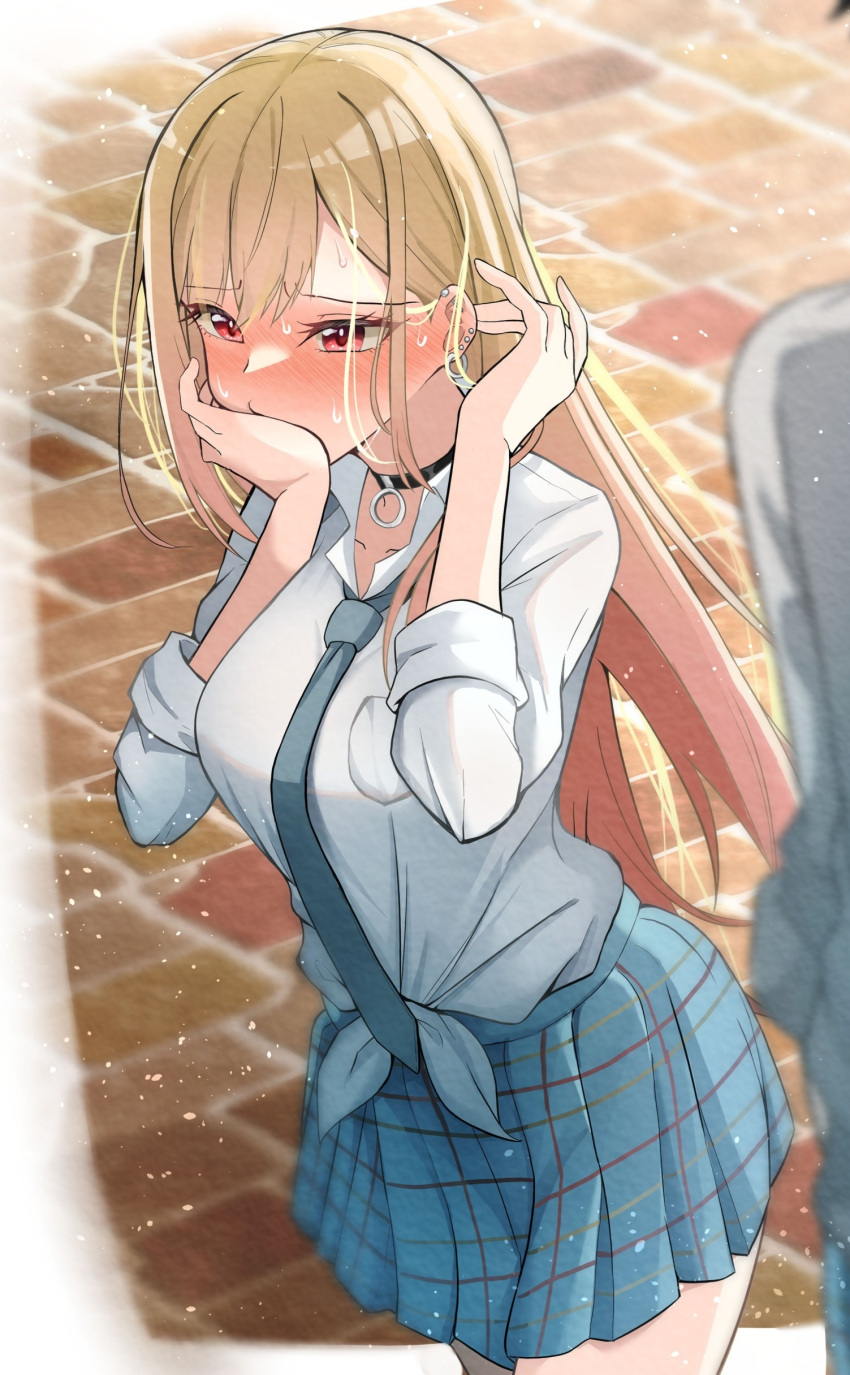 1boy, 1girl, absurdres, blurry, blurry_foreground, blush, breast_pocket, brick