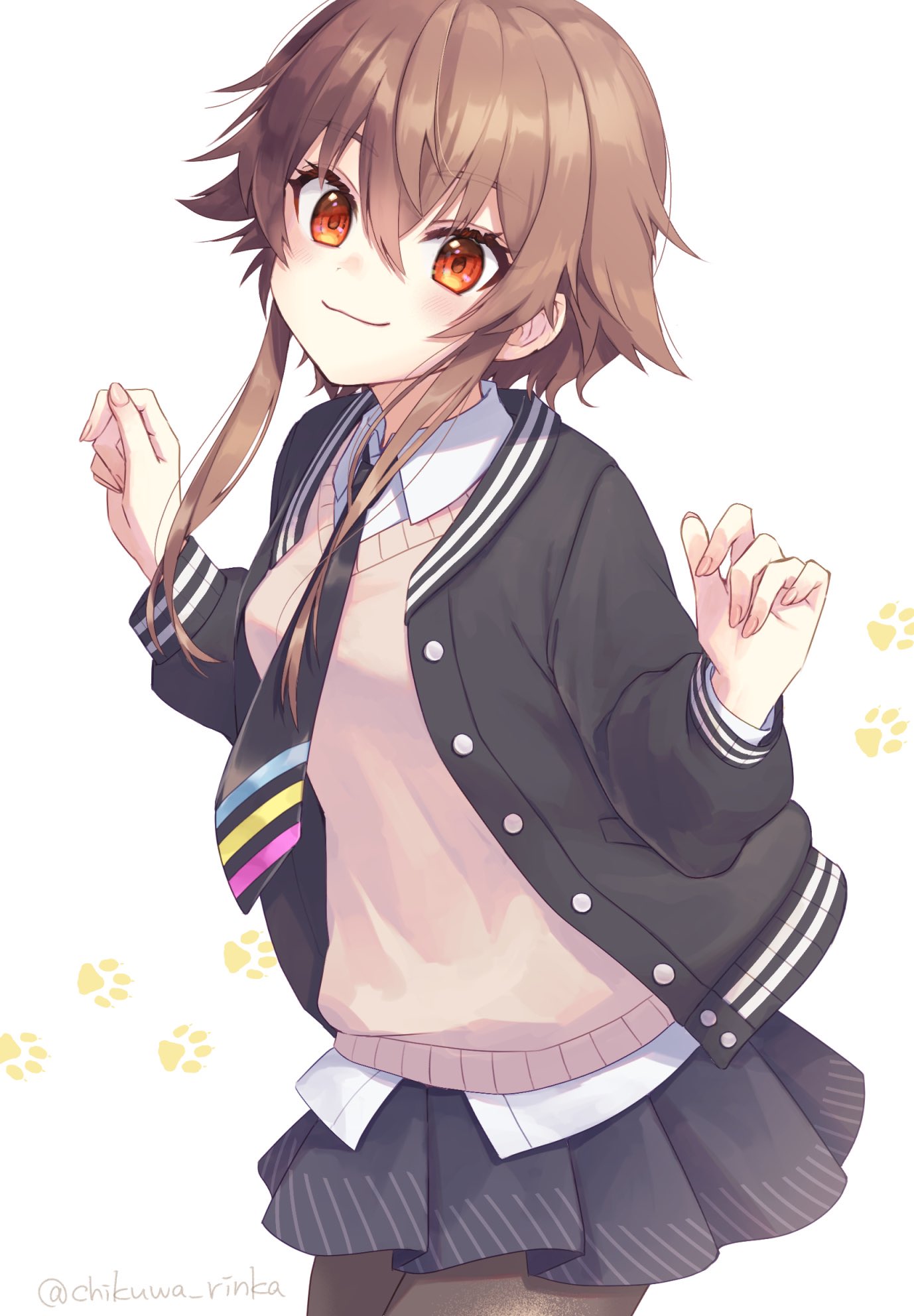 1girl, black_jacket, black_necktie, brown_hair, brown_sweater_vest, chikuwa_(rinka), collared_shirt, commentary