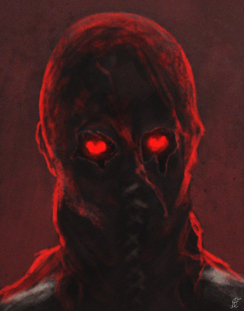 1boy, brightburn, brightburn_(character), commentary, david_tector, english_commentary, eye_socket, glowing, glowing_eyes, heart, heart-shaped_eyes, highres, lace, looking_at_viewer, mask, red_background, red_eyes, red_mask, simple_background, solo, supervillian