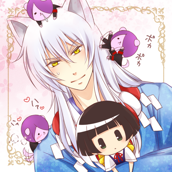1boy, 1girl, :<, animal_ears, blue_kimono, blunt_bangs, blush, bob_cut