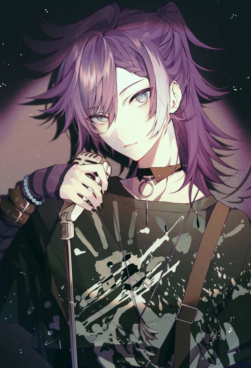1boy, absurdres, arm_belt, banzoin_hakka, bead_bracelet, beads, belt, black_belt, black_nails, black_shirt, blue_eyes, bracelet, braid, braided_bangs, cheese_oho, closed_mouth, commentary, detached_collar, fingernails, highres, holding, holding_microphone, holostars, holostars_english, jewelry, layered_shirt, long_hair, looking_at_viewer, male_focus, microphone, microphone_stand, multicolored_hair, nail_polish, necklace, o-ring, parted_hair, ponytail, print_shirt, purple_hair, purple_sleeves, shirt, sleeves_past_wrists, solo, spotlight, streaked_hair, striped, striped_sleeves, upper_body, virtual_youtuber, white_hair, wrist_belt
