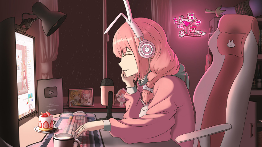 1girl, absurdres, akatsuki_banmai, cake, chair, closed_eyes, closed_mouth, computer