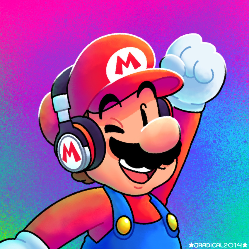 1boy, arm_up, big_nose, black_eyes, black_headphones, blue_overalls, buttons, cabbie_hat, chin, clenched_hand, deviantart_username, facial_hair, gloves, hat, highres, jradical2014, letter, long_sleeves, looking_at_viewer, mario, mustache, nintendo, one_eye_closed, open_mouth, overalls, profile_picture, rainbow_background, red_headwear, red_shirt, shirt, smile, solid_oval_eyes, super_mario_bros., teeth, thick_eyebrows, upper_body, upper_teeth_only, white_gloves