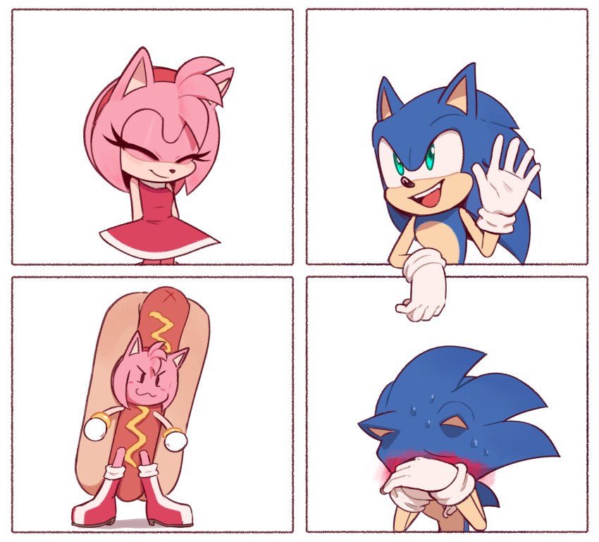 1boy, 1girl, amy_rose, animal_ears, animal_nose, bare_shoulders, black_eyes, blue_fur