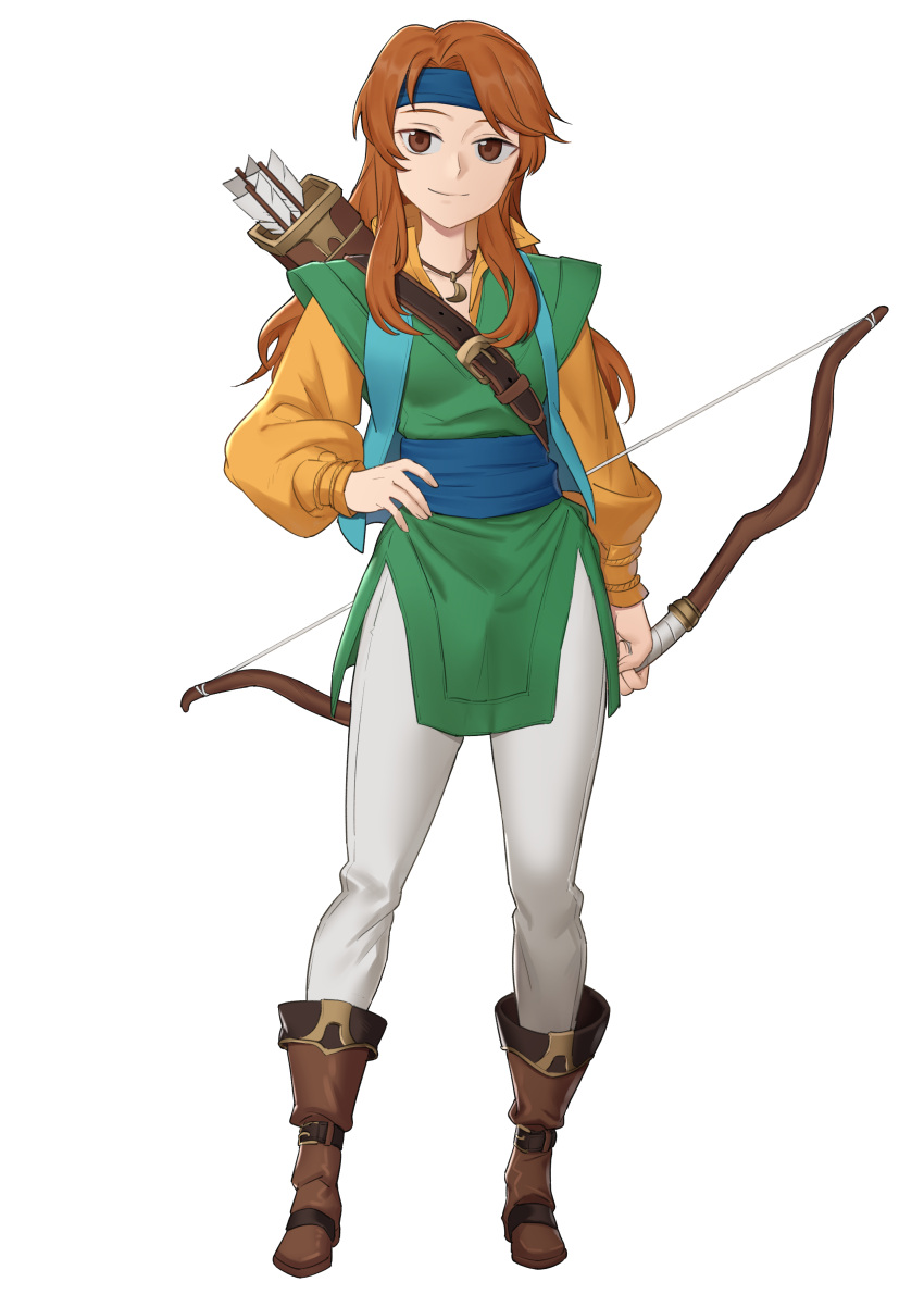 1girl, absurdres, blue_headband, bow_(weapon), brown_eyes, brown_footwear, brown_hair, ebinku
