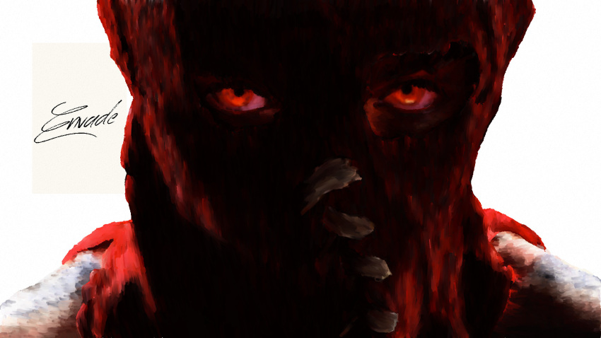 1boy, brightburn, brightburn_(character), commentary, covered_face, english_commentary, envadeart, eye_socket, glowing, glowing_eyes, highres, lace, looking_at_viewer, mask, red_eyes, red_mask, signature, simple_background, staring, supervillian, white_background