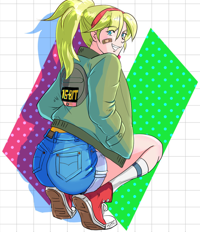 1girl, bandaid, bandaid_on_cheek, bandaid_on_face, battle_mania, bb9_megadrive, blonde_hair, blue_eyes