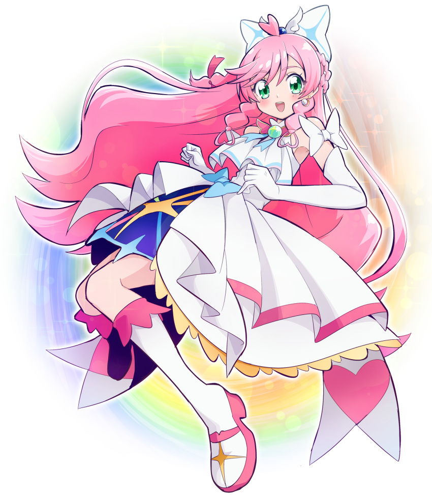 1girl, ascot, boots, bow, braid, brooch, commentary_request, cure_prism