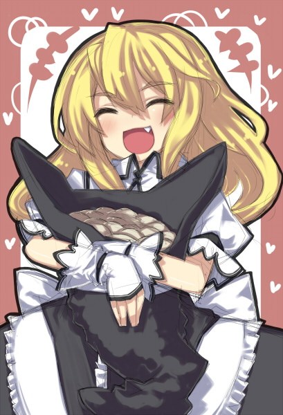 1girl, apron, black_dress, black_headwear, blonde_hair, closed_eyes, commentary_request, dress