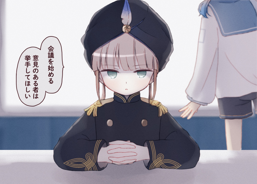 2boys, backlighting, black_coat, black_headwear, black_shorts, blue_hair, blue_sailor_collar, blunt_bangs