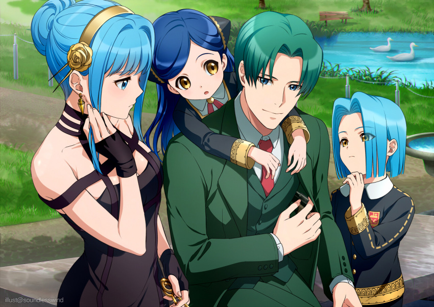 2boys, 2girls, aged_down, angelica_(honzuki_no_gekokujou), anya_(spy_x_family), anya_(spy_x_family)_(cosplay), bench, bird