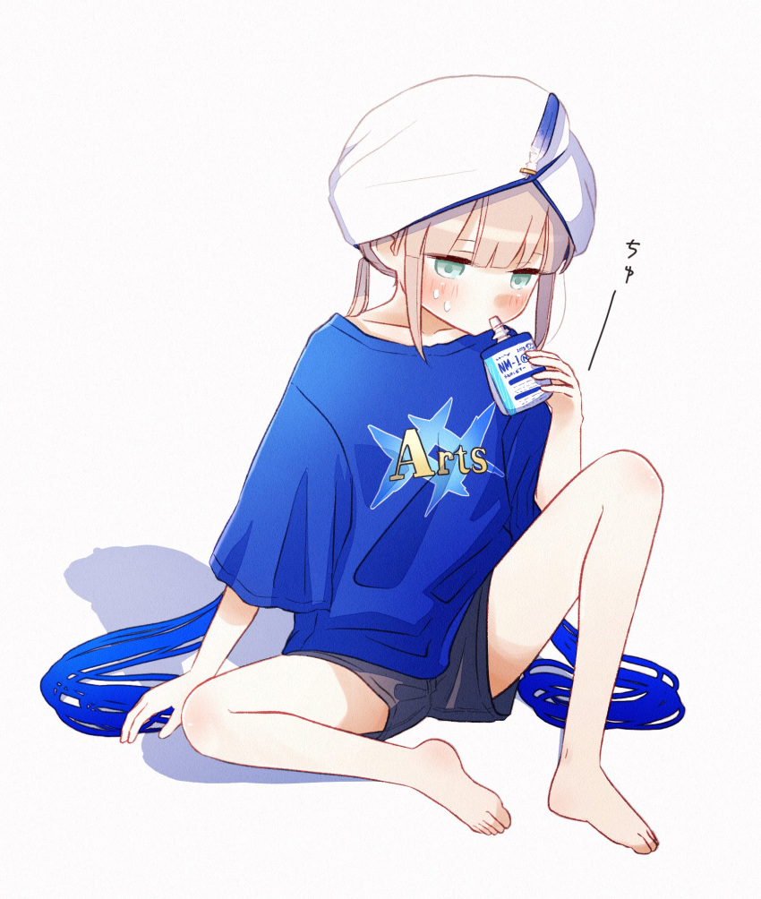1boy, alternate_costume, arm_support, arts_shirt, barefoot, black_shorts, blue_hair, blue_shirt