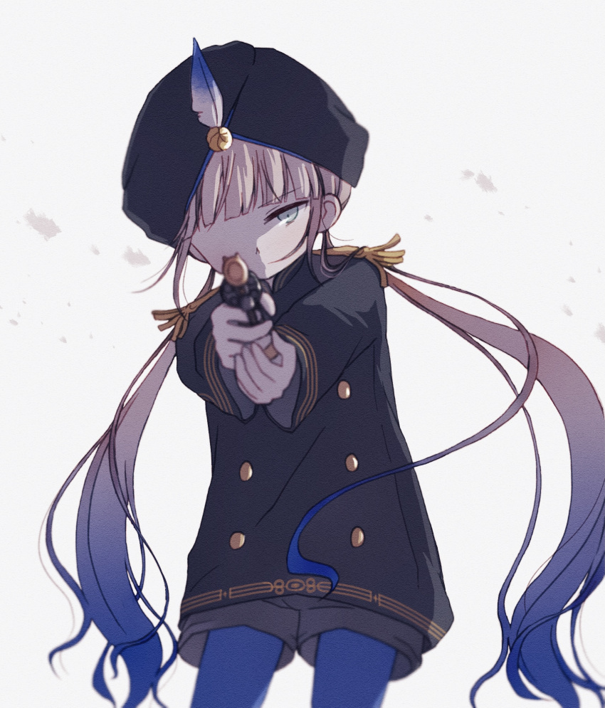 1boy, aiming, aiming_at_viewer, black_coat, black_headwear, blue_hair, blue_pantyhose, blunt_bangs