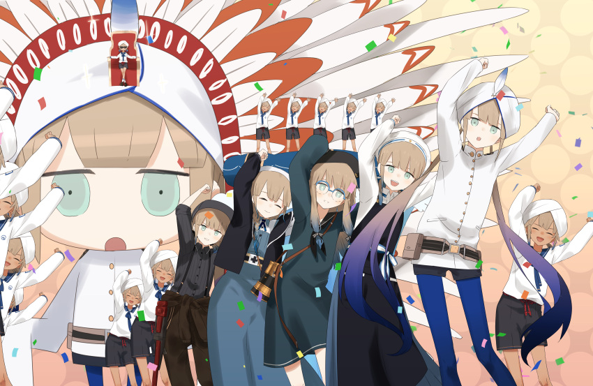 4girls, 6+boys, absurdres, apron, arms_up, baker_nemo_(fate), belt, belt_pouch