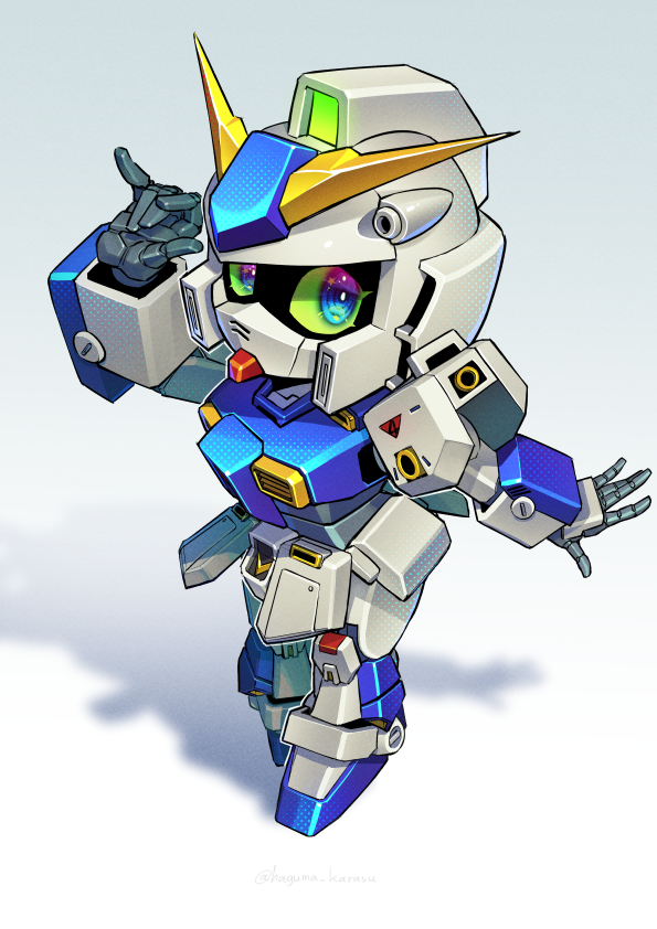 blue_eyes, chibi, commentary, full_body, gradient_background, gundam, gundam_0080, gundam_alex