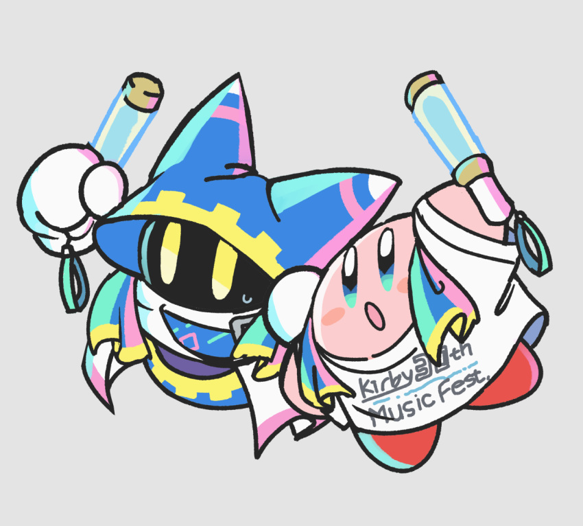 1boy, 1other, blush_stickers, colored_skin, disembodied_limb, gloves, grey_background, holding_glowstick