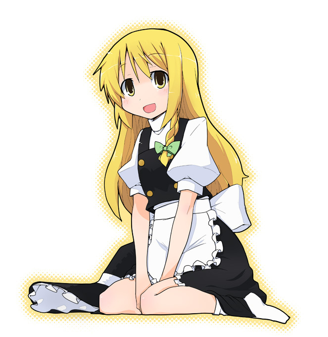 :d, apron, blonde_hair, bow, braid, fanfad, hair_bow, hat, hat_removed, headwear_removed, kirisame_marisa, ladfa, open_mouth, side_braid, sitting, smile, socks, solo, touhou, v_arms, wariza, witch_hat, yellow_eyes