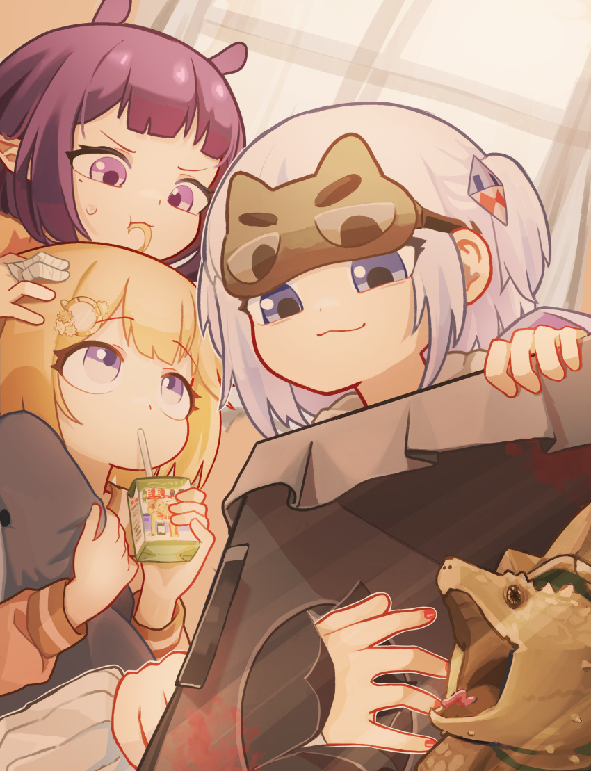 1girl, 4girls, absurdres, ahoge, blindfold, blindfold_lift, blood, blue_eyes