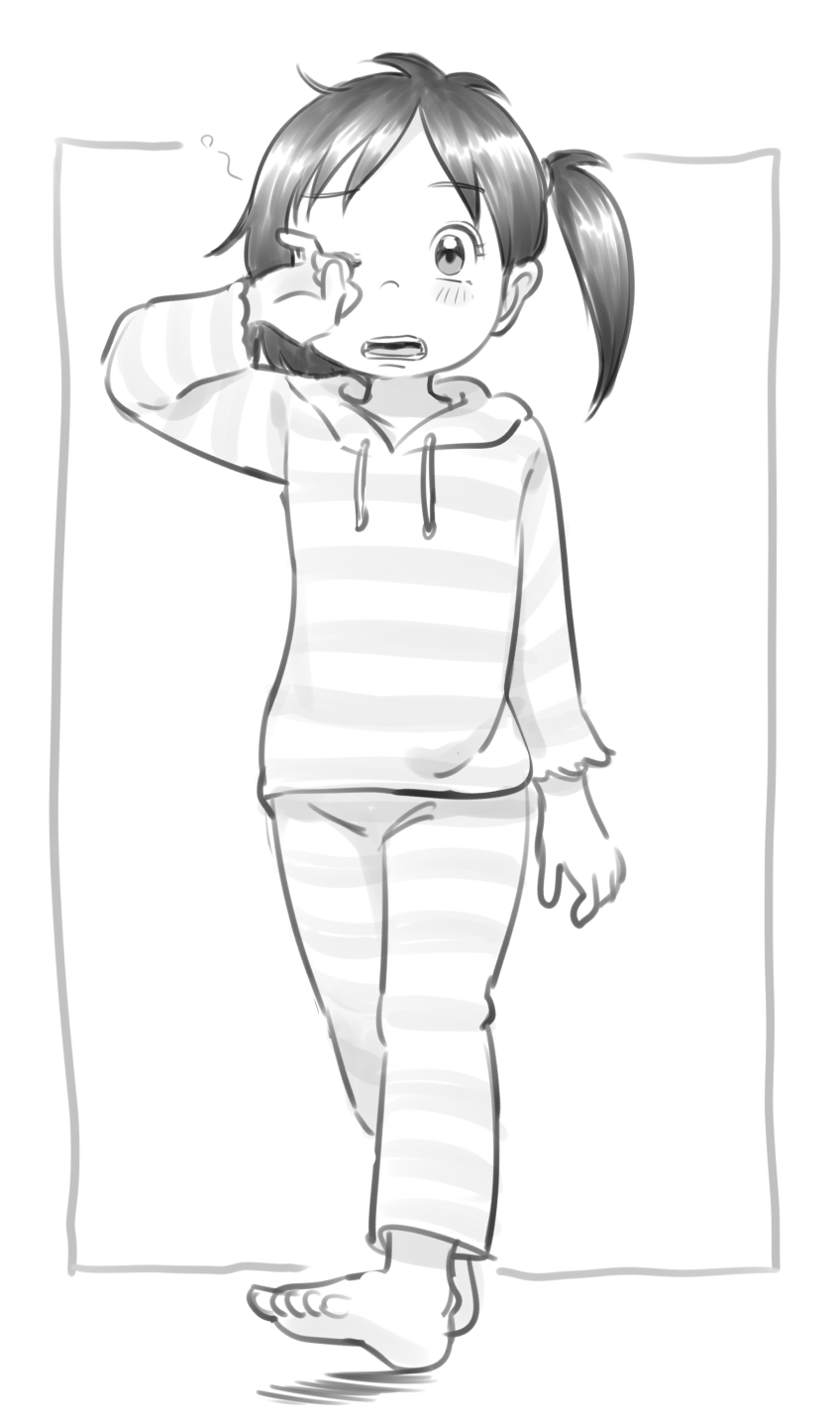 1girl, barefoot, blush, collarbone, eyelashes, full_body, highres, hood