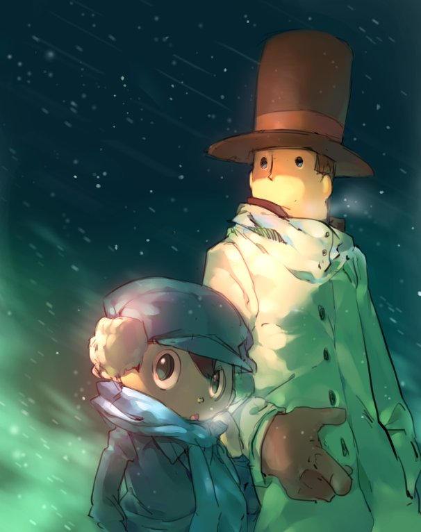 2boys, black_eyes, blue_coat, blue_eyes, blue_scarf, brad_(16325), brown_gloves, brown_hair