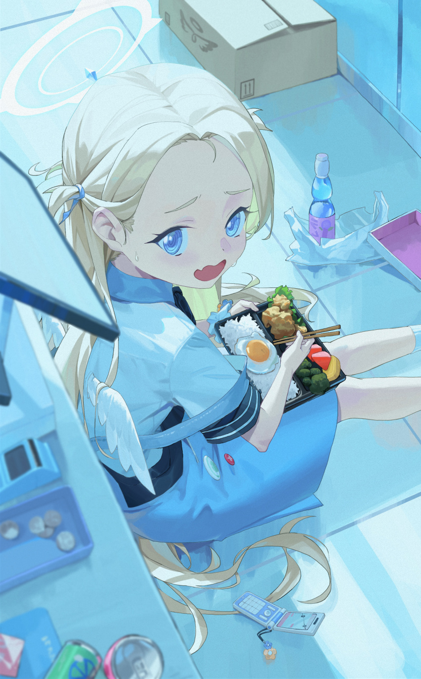 1girl, @_@, absurdres, apron, bento, blonde_hair, blue_apron, blue_archive