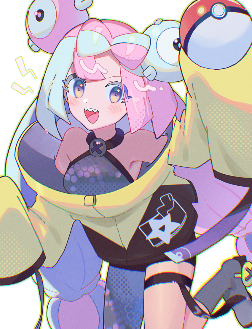 1girl, :d, blush, boots, bow-shaped_hair, character_hair_ornament, commentary_request, green_hair