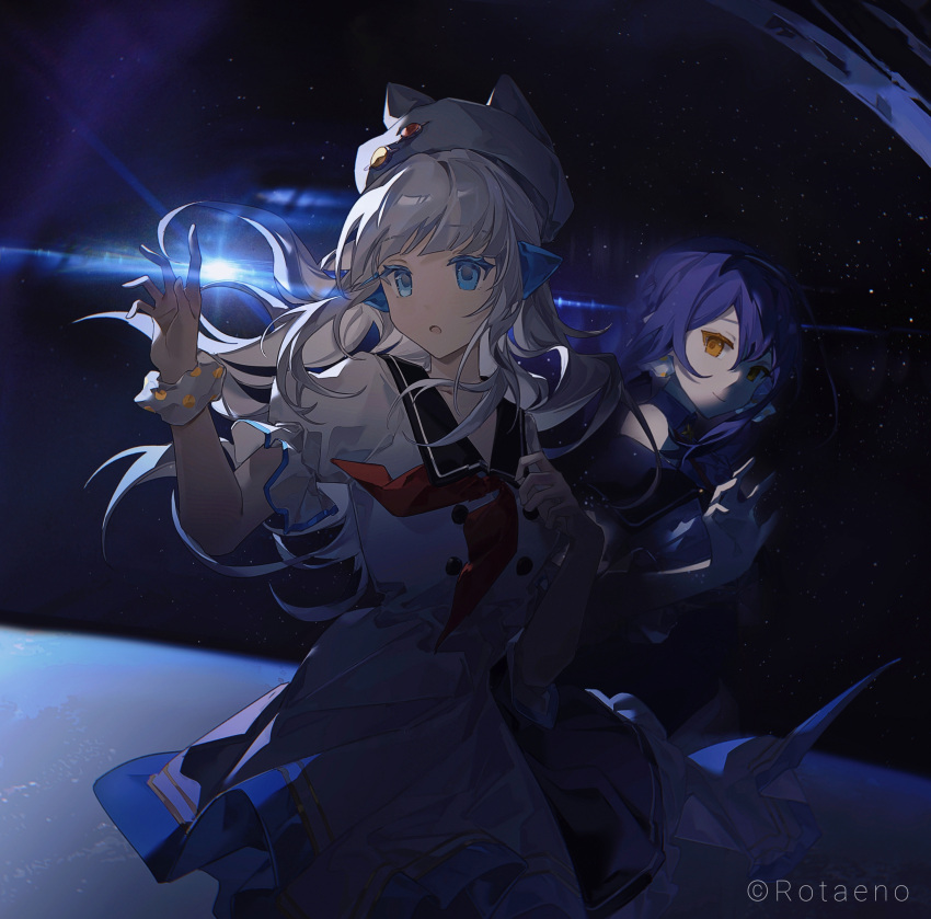 2girls, :o, absurdres, beanie, black_sailor_collar, blue_eyes, blue_ribbon, blunt_bangs