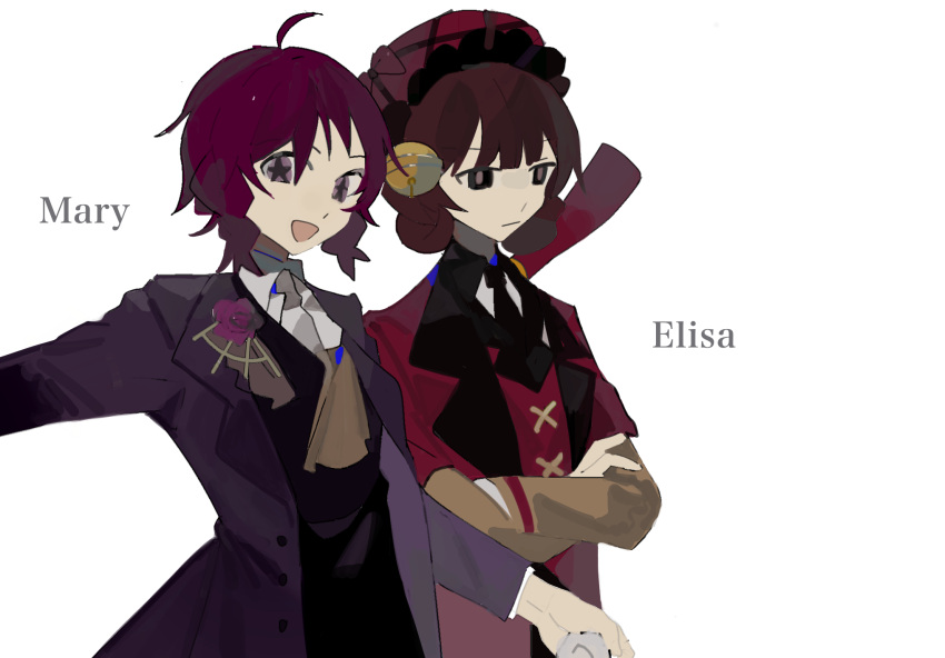 2girls, ahoge, bell, black_collar, black_necktie, black_vest, bow, braid
