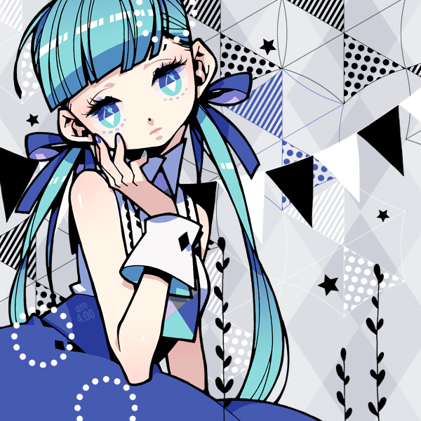 alternate_hairstyle, aqua_eyes, aqua_hair, bow, frutiger_metro, gozen4ji, hair_bow, hair_ribbon