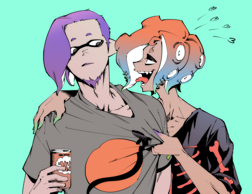 2boys, bad_link, drink, fang, highres, holding, holding_drink, ikkan_(splatoon)
