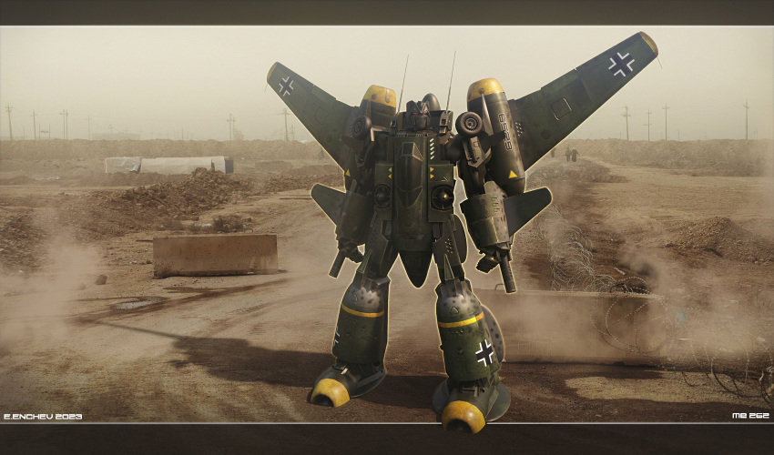 3d, aircraft, arm_cannon, concrete, decepticon, desert, dust, emblem, encho_enchev, english_commentary, herr_blitzkrieg, highres, luftwaffe, me_262, mecha, military, original, realistic, robot, roundel, science_fiction, signature, transformers, wall, weapon, world_war_ii