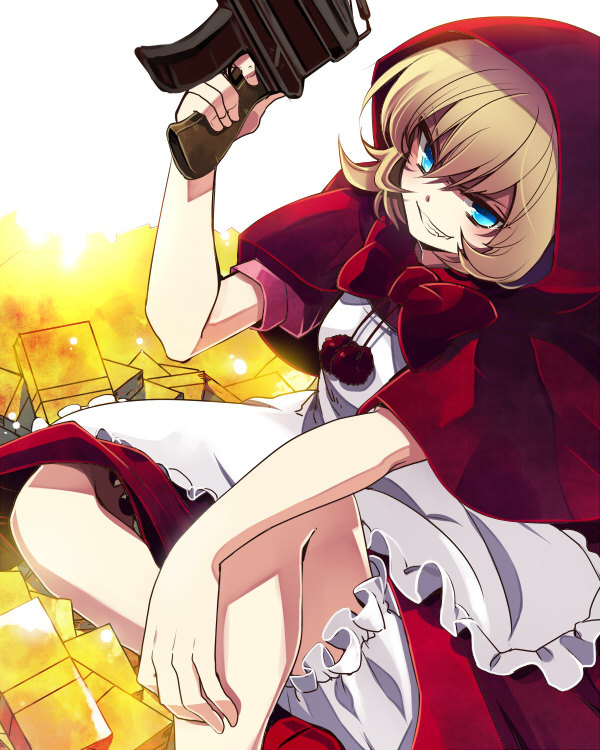 blonde_hair, bloomers, blue_eyes, bulleta, capcom, gold, gun, nozomu144, solo, vampire_(game), weapon