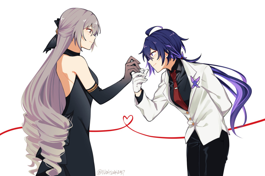2girls, absurdres, ahoge, alternate_costume, arm_behind_back, black_choker, black_dress, black_gloves