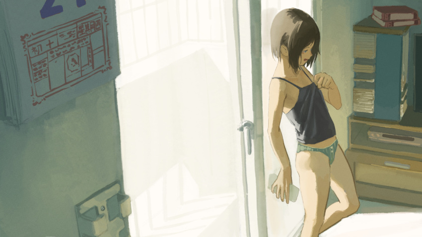 1girl, balcony, black_hair, blue_camisole, book, bookshelf, calendar_(object), camisole