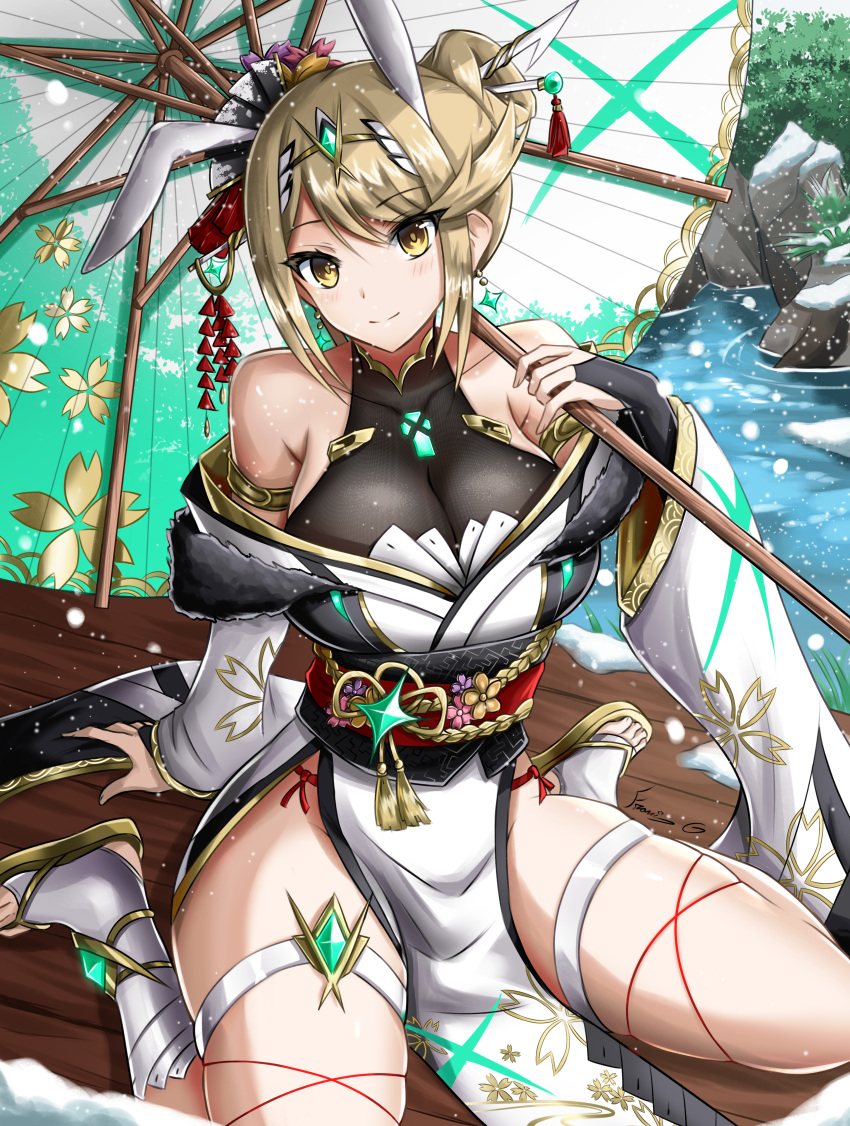 1girl, absurdres, alternate_hairstyle, animal_ears, bare_shoulders, blonde_hair, blush, breasts