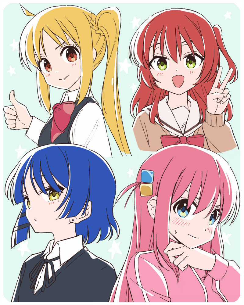 4girls, ahoge, blonde_hair, blue_eyes, blue_hair, blush, bocchi_the_rock!, closed_mouth
