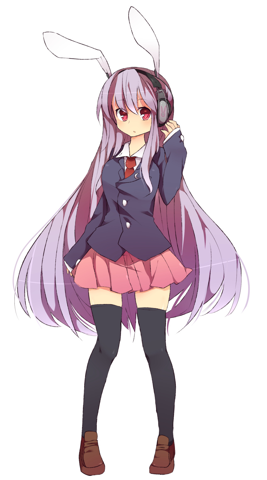 animal_ears, blazer, bunny_ears, headphones, highres, ika, long_hair, purple_hair, rabbit_ears, red_eyes, reisen_udongein_inaba, skirt, solo, thigh-highs, thighhighs, touhou, transparent_background, zettai_ryouiki